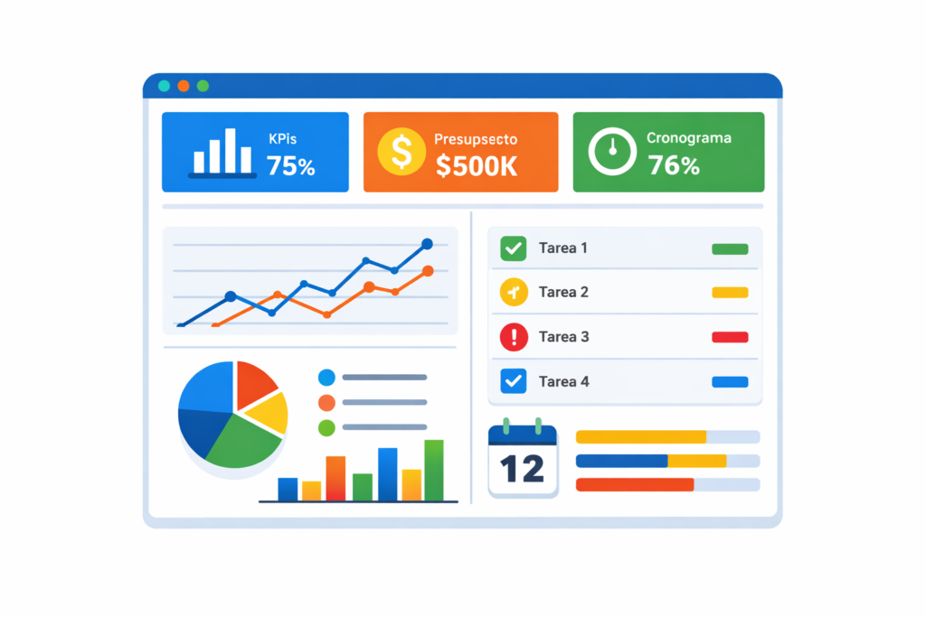 Ilustración de un tablero de proyectos para dirección con gráficos y KPIs