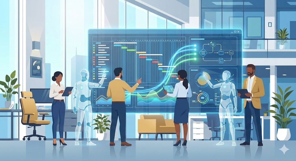 Ilustración de IA como socio estratégico en project management tecnológico